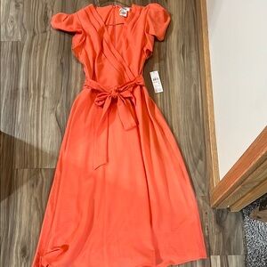 Dkny Pink and Orange Ruffled Wrap Midi Dress
